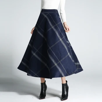 Kobiety 2020 Jesień Zima Nowa Wełna Ciepłe Długie Koreańskie Spódnice Plaid A-Line Moda Damska Wysoka Talia Elegancka Klasyczna Spódnica