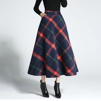 Kobiety 2020 Jesień Zima Nowa Wełna Ciepłe Długie Koreańskie Spódnice Plaid A-Line Moda Damska Wysoka Talia Elegancka Klasyczna Spódnica