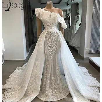 2019 luksusowe prawdziwe zdjęcia koronkowa suknia ślubna na jedno ramię ze zdejmowaną nadwornym pociągu suknia Syrenka panna młoda sukienka robe de mariee