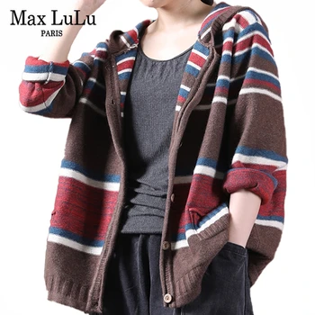 Max Lulu Jesień Koreański Projektant Dzianiny Odzież Damska Zagęścić Vintage Paski Swetry Damskie Luźne Swetry Z Kapturem Rozmiar Plus
