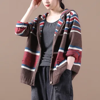 Max Lulu Jesień Koreański Projektant Dzianiny Odzież Damska Zagęścić Vintage Paski Swetry Damskie Luźne Swetry Z Kapturem Rozmiar Plus