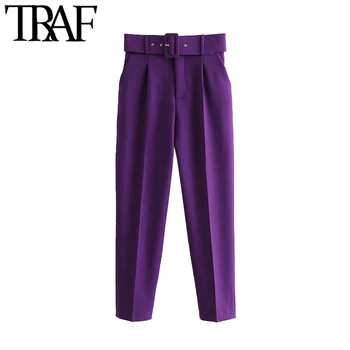 TRAF kobiety elegancki moda Wysoka talia z paskiem spodnie vintage zip Fly kieszenie Biurowe odzież damska kostki spodnie Mujer