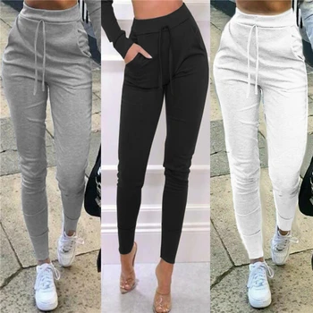 2020 Modny Trend Kobiet Dorywczo Monochromatyczne Sportowe Spodnie Elastyczne Z Wysokim Stanem Obcisłe Spodnie Sportowe Kieszenie Sylwetkę Jesienne Długie Spodnie