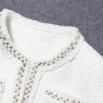 Biały tweedowa damska kurtka handmade koraliki wiosna / jesień / zima płaszcz nowa wełniana klasyczna kurtka damska