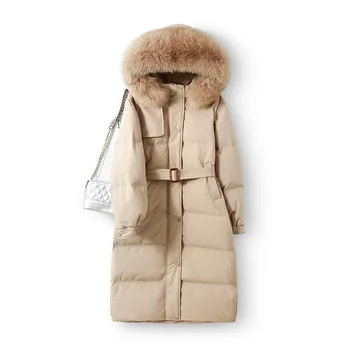 FTLZZ 2020 zimowa nowa długa kurtka dla kobiet z prawdziwego лисьего futro z kapturem parki ciepła grubość płaszcz Snowy kurtki z pasem