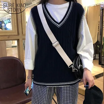2021 Wiosna koreański styl sweter z dekoltem V jesień i zima kamizelka sweter jednolity sweter bez rękawów damska, modna odzież uniwersalna