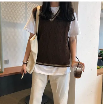 2021 Wiosna koreański styl sweter z dekoltem V jesień i zima kamizelka sweter jednolity sweter bez rękawów damska, modna odzież uniwersalna