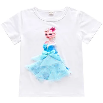 2020Girl Summer Princess T-Shirt Elsa Aurora Childen Cotton Tees Lace T Shirt 3D Sofia Aplikacje Kid Birthday Top Clothing Shirt