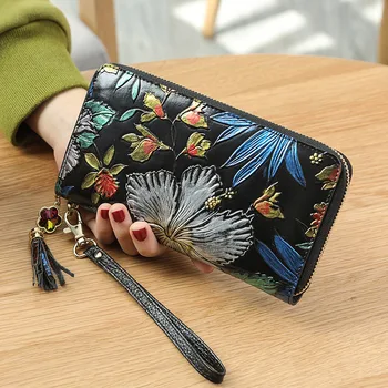 Skóra naturalna długi portfel na zamek błyskawiczny portfel damski portfel damski oryginalny pędzel etniczny styl 3D embressed torebka torba na ramię dla telefonu komórkowego