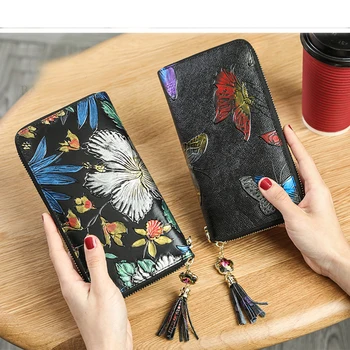 Skóra naturalna długi portfel na zamek błyskawiczny portfel damski portfel damski oryginalny pędzel etniczny styl 3D embressed torebka torba na ramię dla telefonu komórkowego