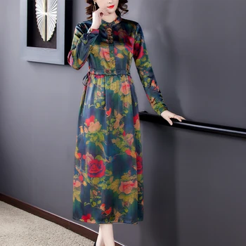 2020 jesień Vintage 4XL rozmiar plus jedwab kwiatowy sukienka midi zimowy print zgrubienie ciepły strój kobiety elegancki Bodycon Party Vestidos