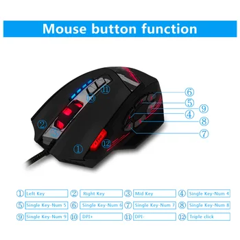 ZELOTES C-12 optyczna USB przewodowa mysz mysz do 12 programowalnych przycisków komputerowe gry myszy 4 regulowane DPI 7 żarówek led mysz