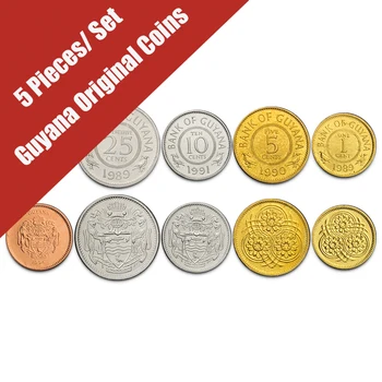 5 Szt. Zestaw Gujana 1 Cent-1 Dolar Ameryka Nowa Oryginalna Moneta Unc Autentyczne Monety Kolekcjonerski Prezent
