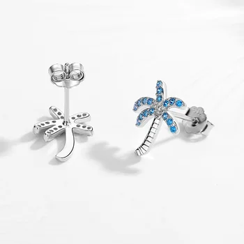 TONGZHE korea moda kobiety mężczyźni palmy kokosowe kolczyki 925 srebro Stud kolczyki zestaw niebieski obiekt, w luksusowym Kryształ biżuteria