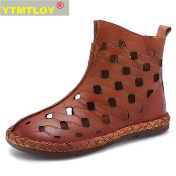 Letnie damskie botki wykonane ręcznie ze skóry naturalnej hollow sandały Klin obuwie miękkie dno Damskie buty błyskawica