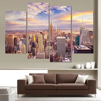 Dekoracje do domu plakaty ramka salon HD drukowane 4 panelu miasto, wschód Słońca, krajobraz nowoczesne malarstwo na płótnie ścienne, artystyczne malowanie
