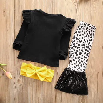 Dzieci Baby Girl strój odzież z długim rękawem selera top czarny t-shirt +леопардовые cekiny spalony spodnie 3szt zestaw 6M-4Y