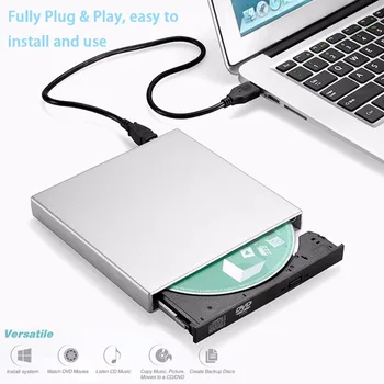 SOONHUA Srebrny slim USB2.0 DVD CD zewnętrzny napęd, trwała, plastikowa obudowa Burner Reader Player Combo Writer Recorder do laptopa