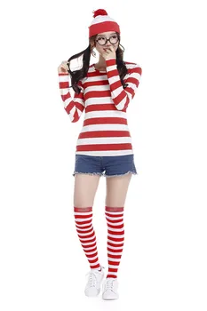 Gdzie jest Wally garnitur Waldo teraz czerwony i biały cosplay kostium koszula sweter+kapelusz+okulary Halloween kompletny zestaw dla kobiet 3 szt./kpl.