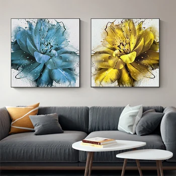 Streszczenie kwitnący kwiat płótno Malarstwo niebiesko żółte reprodukcje i plakaty do salonu nowoczesny wystrój droga ściany sztuki malarstwo
