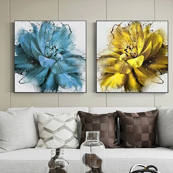 Streszczenie kwitnący kwiat płótno Malarstwo niebiesko żółte reprodukcje i plakaty do salonu nowoczesny wystrój droga ściany sztuki malarstwo