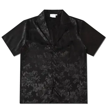 Harajuku Męskie Koszule Czarny Kwiatowy Print Z Krótkim Rękawem Однобортная Luźna Koszula 2020 Hip Hop Plaża Casual Meble Ubrania Unisex