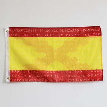 Flaga Hiszpanii z cienia Burgunda Krzyża i nazwą wielkich hiszpańskich żołnierzy, wojowników i zdobywców historii