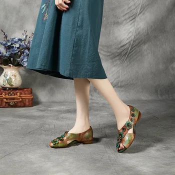 Johnature retro buty Damskie Damskie sandały z naturalnej skóry, na płaskiej podeszwie z kwiatowym слипом handmade styl narodowy Damskie sandały