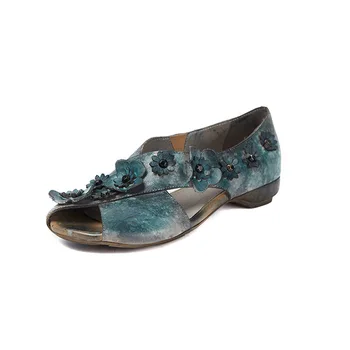 Johnature retro buty Damskie Damskie sandały z naturalnej skóry, na płaskiej podeszwie z kwiatowym слипом handmade styl narodowy Damskie sandały