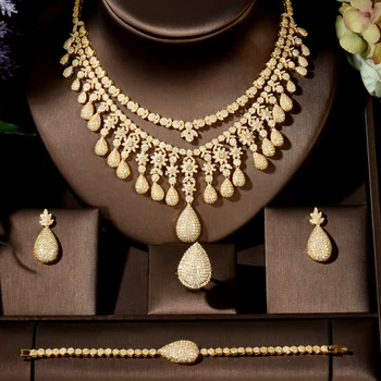HIBRIDE duże długi wisiorek złoty kolor krople wody Kobiety rhinestone zestaw biżuterii ślubnej sukni naszyjnik kolczyki zestaw biżuterii Bijoux Femme N-1491