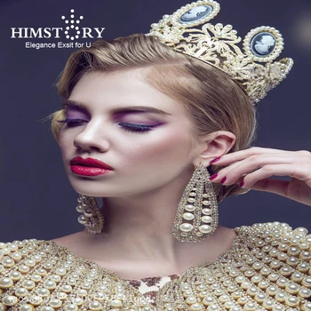 HIMSTORY Luxury Baroque Vintage Women Full Round Prom Pearl Wedding Pageant Queen Tiara Hairwear