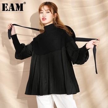 [EAM] karbowany duży rozmiar z dzianiny sweter Luźny golf z długim rękawem damskie swetry nowa moda jesień zima 2021 1M87701