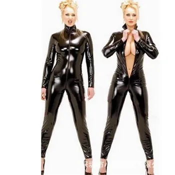 Hot Sexy Black Catwomen kombinezon PVC elastan lateksowe kombinezony kostiumy dla kobiet body stroje fetysz skórzana sukienka plus size XXL