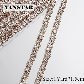 YANSTAR sprzedaż Hurtowa 10 metrów*2 cm rhinestone aplikacja do sukni ślubnej przezroczyste różowe złoto krzyk aplikacja do sukni pasa YS968