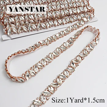 YANSTAR sprzedaż Hurtowa 10 metrów*2 cm rhinestone aplikacja do sukni ślubnej przezroczyste różowe złoto krzyk aplikacja do sukni pasa YS968