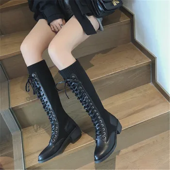 Długie buty Damskie Botas Mujer 2020 Botines Bota Feminina Modne buty zimowe czarne buty damskie sznurowane buty do kolan Size35-40