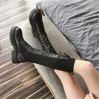Długie buty Damskie Botas Mujer 2020 Botines Bota Feminina Modne buty zimowe czarne buty damskie sznurowane buty do kolan Size35-40