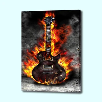Obraz na płótnie drukowany malarstwo gitara ogień na ogień ściany sztuki plakat do wystroju salonu, bez ramki