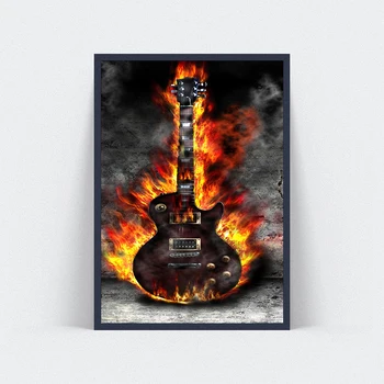 Obraz na płótnie drukowany malarstwo gitara ogień na ogień ściany sztuki plakat do wystroju salonu, bez ramki
