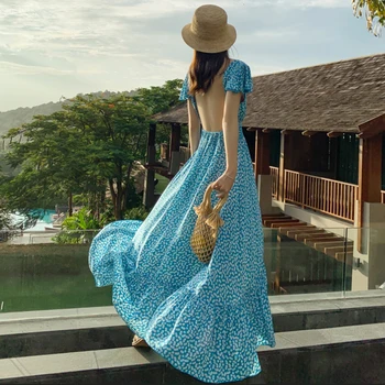 Maxi Backless Sky Blue Women Summer Dress Boho Elegant Tropical Party Vacation Sea Beach Dress Vintage Long Runway 2020 Sukienkę