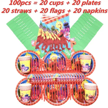100/90/60 szt Ulica Sezamkowa Elmo partia dla dziecka, motyw urodziny ozdoby papierowe naczynia zestaw świątecznych akcesoriów dekoracji