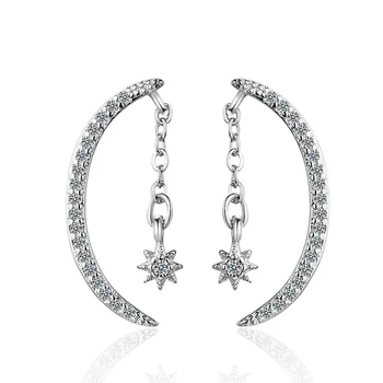 925 srebro próby Księżyc Gwiazda kolczyki pręta dla kobiet małe srebrne kolczyki wykwintne biżuteria