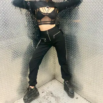 Kobiety Harajuku Wysokiej Talii Spodnie 2020 Moda Z Łańcuchem Casual Biegaczy Gotycka Odzież Uliczna Zamek Punk Czarne Spodnie Damskie