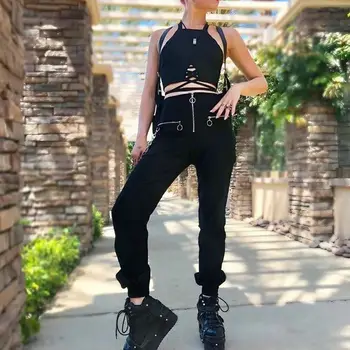 Kobiety Harajuku Wysokiej Talii Spodnie 2020 Moda Z Łańcuchem Casual Biegaczy Gotycka Odzież Uliczna Zamek Punk Czarne Spodnie Damskie