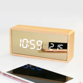 Led drewniany budzik lustro, zegar, sterowanie głosem zegar cyfrowy drewniane Despertador elektroniczne gry planszowe baterii zegar cyfrowy