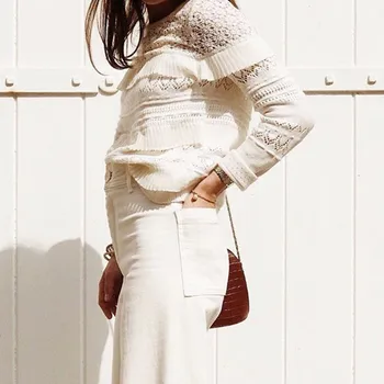 Dropship 2020 sweter z dzianiny kobiety/female karbowany warstwa haft hollow sweter top moda Biały sweter z długim rękawem
