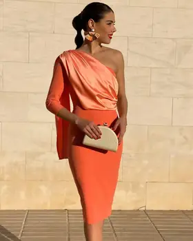 Robe de soriee nowy z długim rękawem krótkie koktajlowe, suknie wieczorowe z niedźwiedzią jedno ramię kobiety 2020 formalne sexy pomarańczowe sukienki na studniówkę
