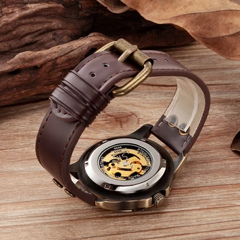 SHENHUA męskie mechaniczne zegarek retro brąz szkielet steampunk автоподзавод automatyczne zegarki na rękę Skórzany pasek zegarki męskie