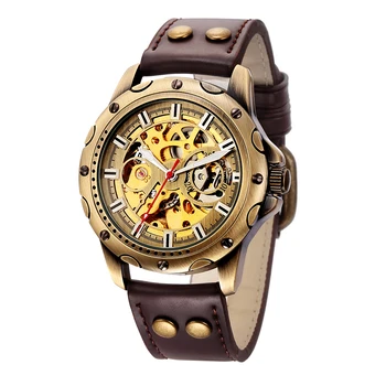SHENHUA męskie mechaniczne zegarek retro brąz szkielet steampunk автоподзавод automatyczne zegarki na rękę Skórzany pasek zegarki męskie