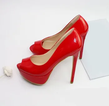 Sexy New Red Wedding Super Thin High Heel 3.5 CM Platformy Peep Toe Shoes Women buty łódeczki z naturalnej skóry lakierowanej, Buty do klubu nocnego C020A